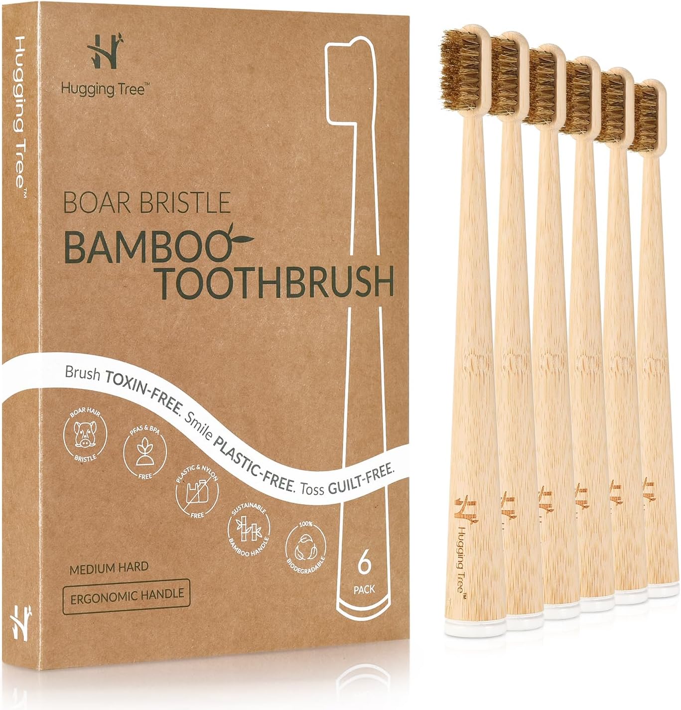 Boar Bristle Bamboo Toothbrush, Made from Natural Boar Hair Bristles, Plastic-Free (Pack of 6)