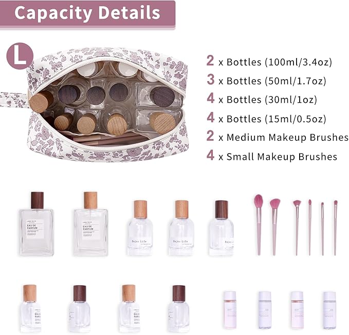 Narwey Cute Makeup Bag Small Toiletry Bag Travel Cosmetic Bag Organizer Make Up Bags with Organized Pockets for Women (Little Dusty Pink Flower, Large)