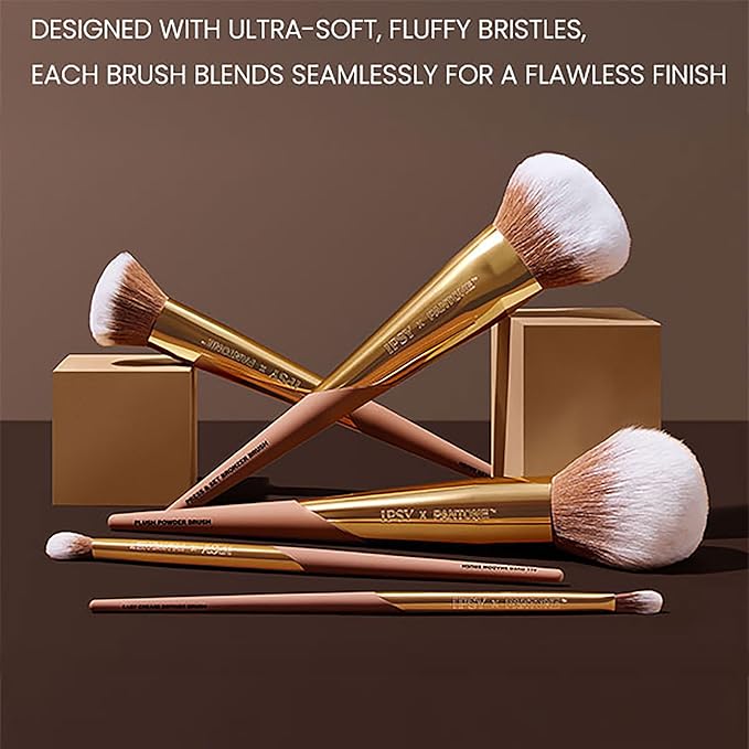 IPSY x PANTONE™ Limited Edition Mocha Mousse-Inspired Beauty Bundle - Makeup Brush Set, Sponges, and Bag – 5 Pro Brushes, 3 Blending Sponges & Soft Vegan Leather Cosmetic Bag