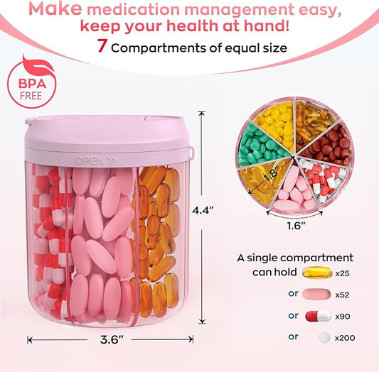 Pill Dispenser with 7 Large Compartments, 4.4" H x 3.6" Dia Pill Organizer for Travel, Supplement Organizer with Anti-Mixing Design, BPA-Free Pill Container with 20 Pcs Labels, Pink