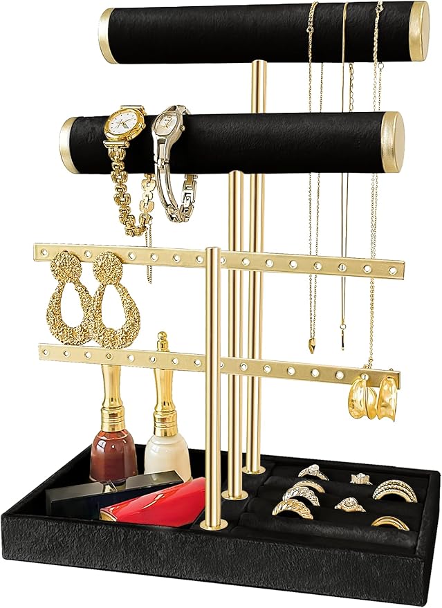 3 Tier Jewelry Organizer Stand with Detachable Ring Tray, Multi-functional necklace Holder for Bracelet, Earring, Elegant Closet Decor Gift for Women (Black)