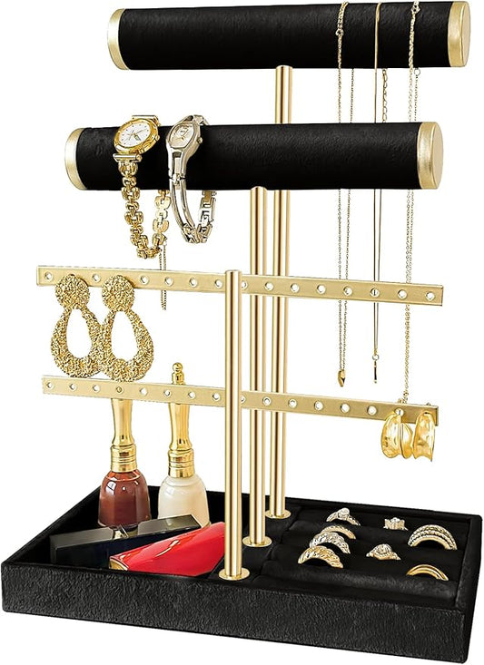 3 Tier Jewelry Organizer Stand with Detachable Ring Tray, Multi-functional necklace Holder for Bracelet, Earring, Elegant Closet Decor Gift for Women (Black)