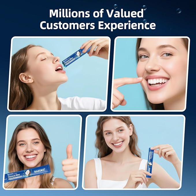 RAZOKO Mouthwash Travel Size-Portable Fresh Mint Packets,Alcohol & Fluoride Free Mouthwash,Disposable Oral Care Strips (0.41 Fl Oz (Pack of 30), Coconut)