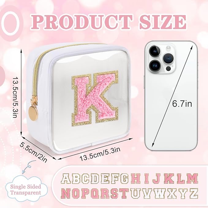 Mini Clear Personalized Initial Makeup Bag,Nylon Preppy A-Z Chenille Letter Patch Zipper Cosmetic Bag, Small Cute Beach Pouch Travel Purse Sanitary Napkin Storage Bag for Women Girls(White-Pink K)