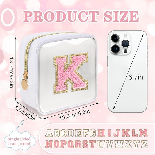 Mini Clear Personalized Initial Makeup Bag,Nylon Preppy A-Z Chenille Letter Patch Zipper Cosmetic Bag, Small Cute Beach Pouch Travel Purse Sanitary Napkin Storage Bag for Women Girls(White-Pink K)