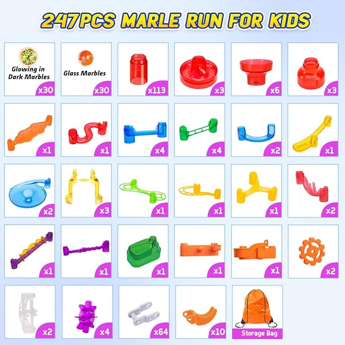 247Pcs Marble Run with Motorized Elevator, Construction Building Blocks Toys with 30 Glass Marbles and 30 Glow in The Dark Marbles, STEM Gifts for Boys and Girls