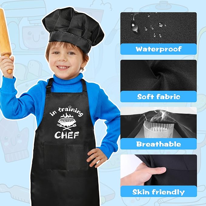 Kids Apron and Chef Hat Set, “CHEF in training” Funny Apron Adjustable Kitchen Apron Cooking Baking Painting with 2 Pockets for Boys and Girls