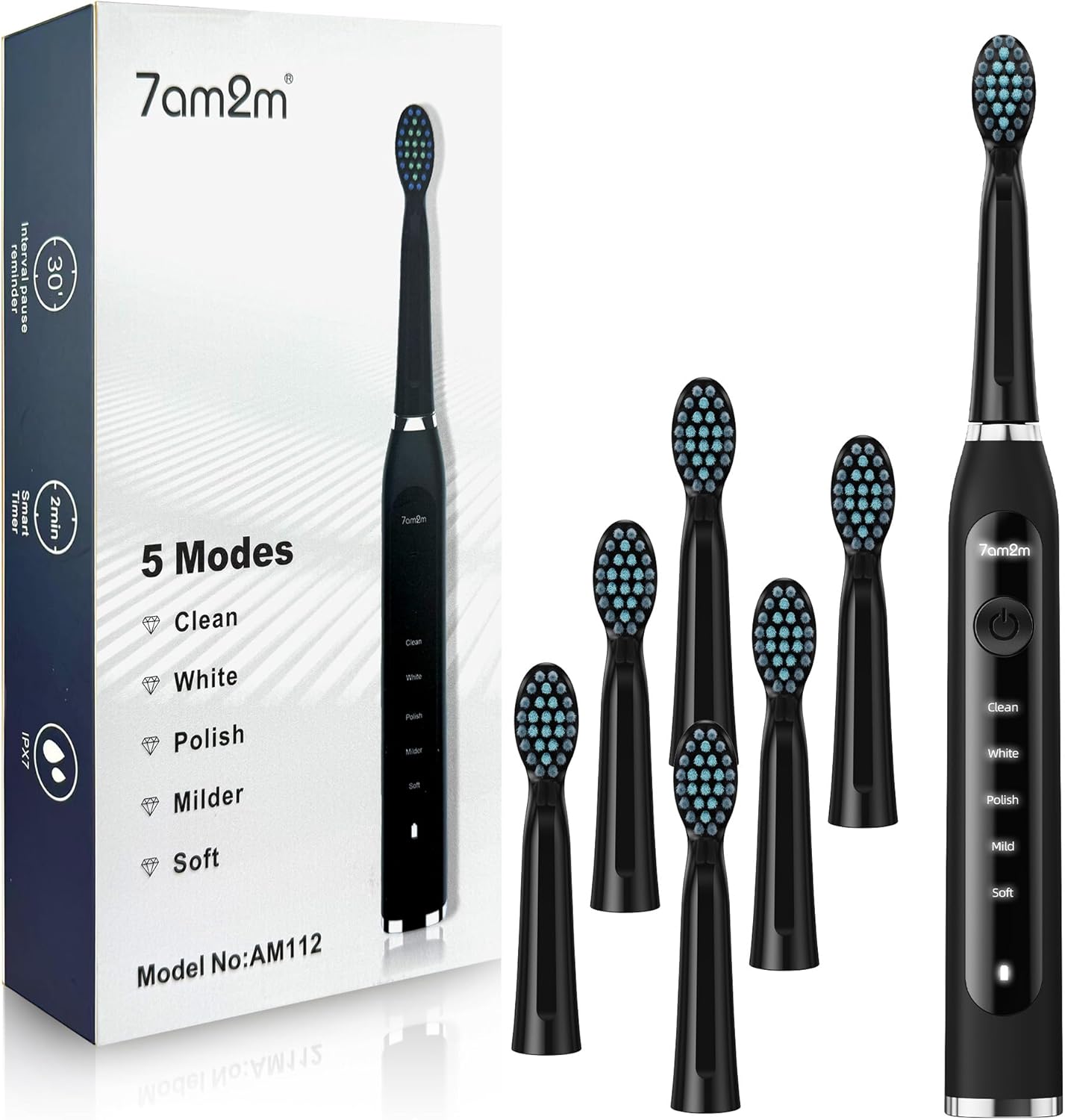 7AM2M Sonic Electric Toothbrush for Adults High Power Rechargeable Toothbrushes with 6 Brush Heads,5 Adjustable Modes, Built-in 2-Minute Smart Timer,3 Hours Fast Charge for 45Days Matte Black