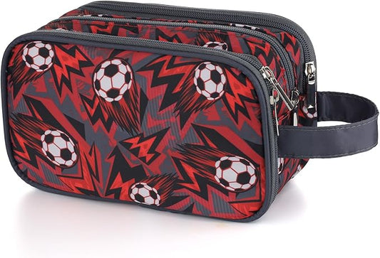 Kids Toiletry Bag for Boys, Travel Toiletry Bag for Little Young Boys Waterproof Hanging Wash Bag Toddler Traveling Toiletries, Red Soccer Balls
