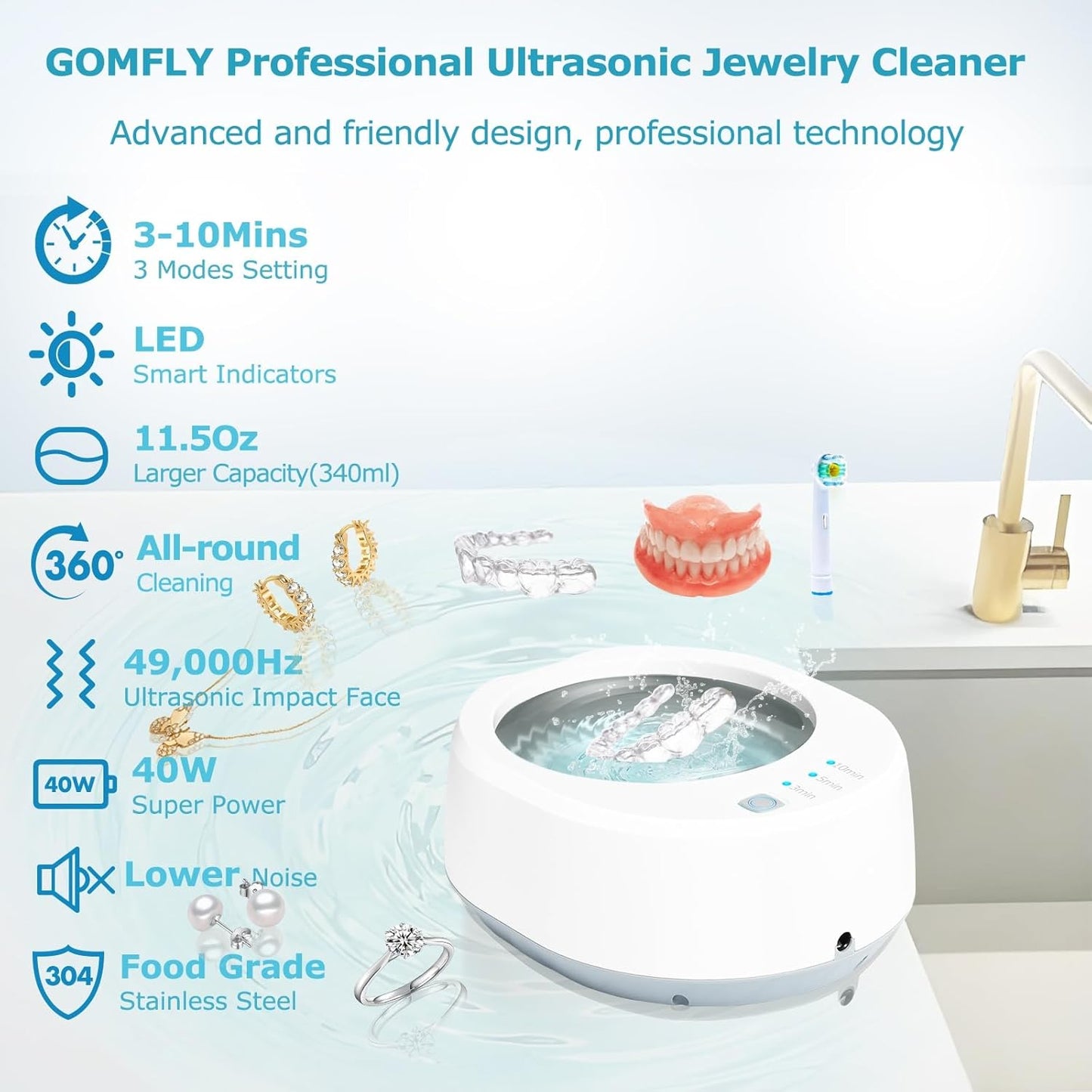 Ultrasonic Jewelry Cleaner, 49kHz Mini Ultrasonic Retainer Cleaner Machine for Earrings, Jewelry, Dentures, Aligner, Night Guards, Mouth Guard- 304 Stainless Steel, 3 Cleaning Modes