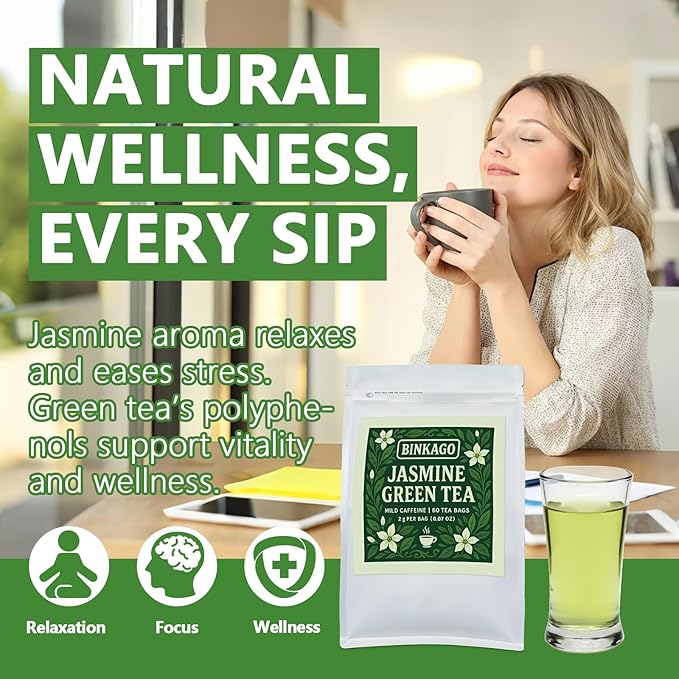 Jasmine Green Tea Bags – 60 Count | Fragrant Jasmine-Infused Green Tea | Smooth & Refreshing | Individually Wrapped for Freshness | Ideal for Home, Office & Travel