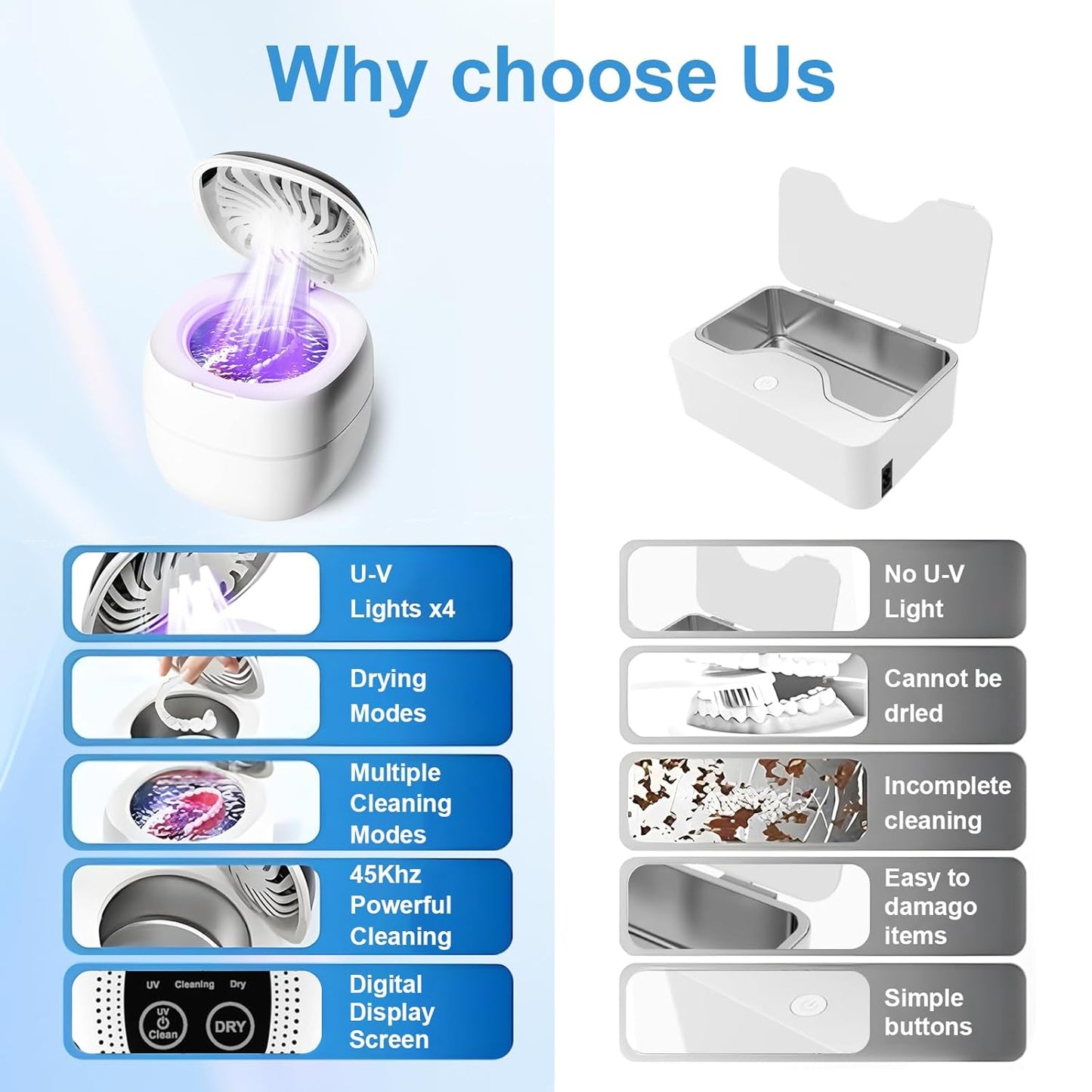 Retainer Cleaner ultrasonic，45kHz 180ml ultrasonic cleaner, cleaning and drying functions with Digital Timer，Retainer Cleaner Machine for Dentures, Mouth Guards, Braces, Jewelry (white)