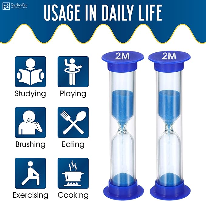 Sand Timer for Kids - 2 Minute Set of 4 Hour Glass -Blue Color- Acrylic Covered for Classroom, Home & Kids Room
