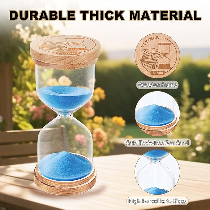 Sand Hourglass Timer Set: 1/3/5/10/15/30 Minutes Sand Clock, Colorful Wooden SandWatch Hour Glass, Small Sandglass Timer for Classroom, Home Decorative, Games (6 pcs)