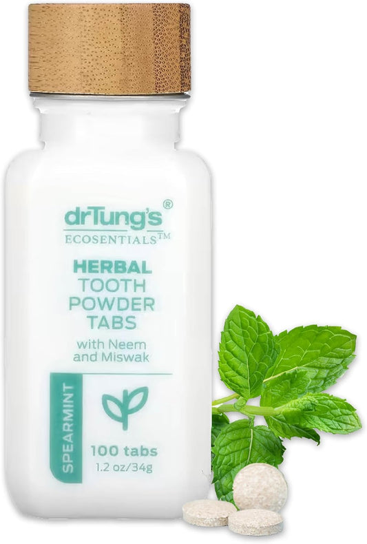 drTung's Herbal Toothpaste Tablets - Toothpaste Tabs for Dry Mouth Relief, Natural Tooth Powder Tablets for Fresh Breath, Fluoride Free, Travel Size, Vegan, Non-GMO - Spearmint (100 Tabs)