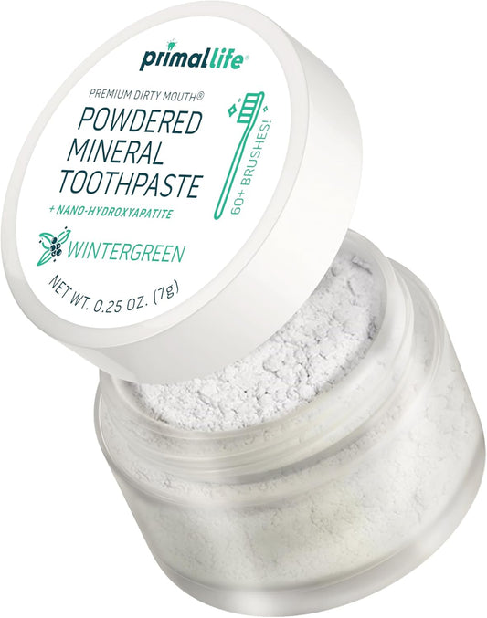 Primal Life Organics - Dirty Mouth Toothpowder, Tooth Cleaning Powder, Flavored Essential Oils with Natural Kaolin & Bentonite Clay, Good for 60+ Brushings, Organic, Vegan (Wintergreen, 0.25 oz)