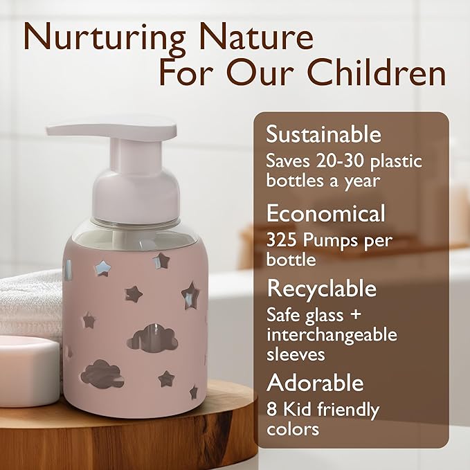 SoCal Suds & Company Glass Foaming Hand Soap Dispenser, Soft Grip Silicone Sleeve, Refillable Pump Bottle for Kids, Baby Wash & Shampoo, Ideal for Home Use, Light Pink 8oz