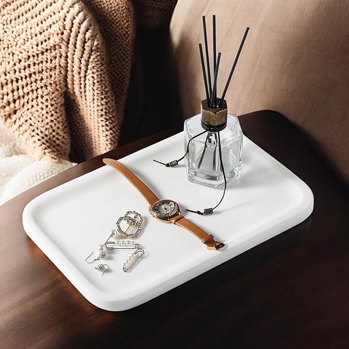 Koville Marble Tray, 12"x8" Marble Vanity Tray for Bathroom Kitchen Countertop, Rectangular Stone Tray for Cosmetics Perfume Trinket, Decorative Catchall Trays (White)