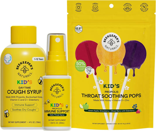 Beekeeper's Naturals Kid's Immune Support Essentials | Kid's Propolis Throat Spray - Propolis Honey Cough Syrup for Kids - Throat Soothing Lollipops | Natural Immune Support - Sore Throat Relief