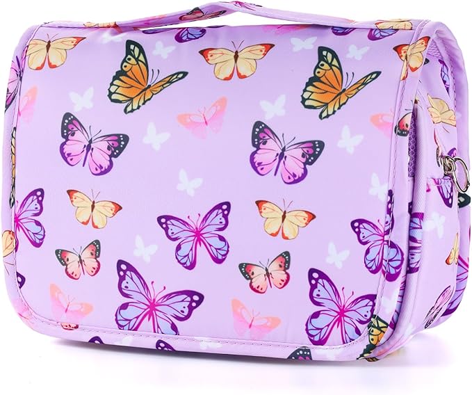 Kids Hanging Toiletry Bag for Girls, Travel Toiletry Bag for Little Young Girls Cosmetic Makeup Waterproof Wash Bag Toddler Traveling Toiletries, Butterfly Purple