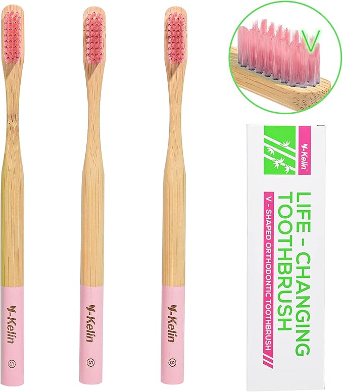 Y-Kelin Bamboo V-Shaped Orthodontic Toothbrush, 3pcs, Pink