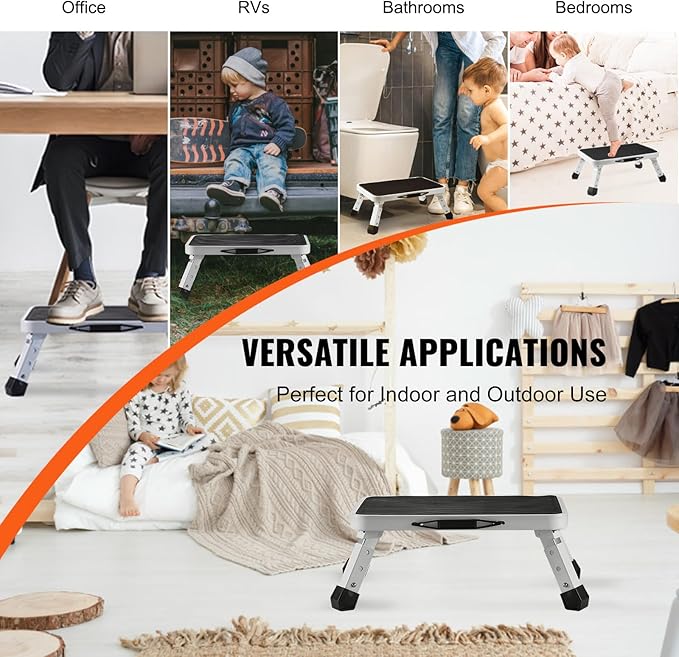 VEVOR 1-Step 330lbs Capacity Folding Steel Step Ladder, Adjustable Height, Non-Slip Sturdy Step Stool for Adults, Toddlers, Offices, RVs, Bathrooms, Bedrooms
