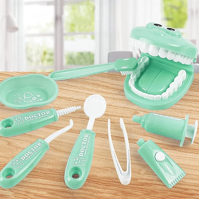 Dental Early Education Brushing Toys, YOUYA DENTAL 9Pcs/Set Children Role Play Toys Crocodile Early Education Cartoon Tooth Brushing Model Preschool Education Toy Dentist Game for Kids Classroom GREEN