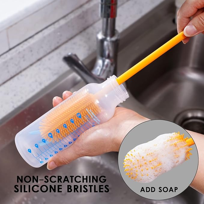 3-in-1 Silicone Bottle Brush and Straw Cleaning Brush Set, Water Bottle Cleaner for Narrow Neck Containers, Tumblers, Flask, Vase and Glassware (Charcoal)