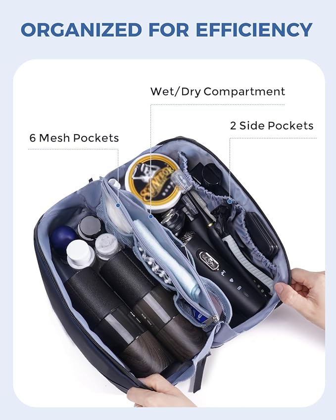 WANDF Toiletry Bag for Men, PU Leather Travel Organizer with Detachable Waterproof Hanging Pouch, Open-Flat Dopp Kit Shaving Bag with Wet Pocket for Travel Toiletries Accessories (Navy Blue)