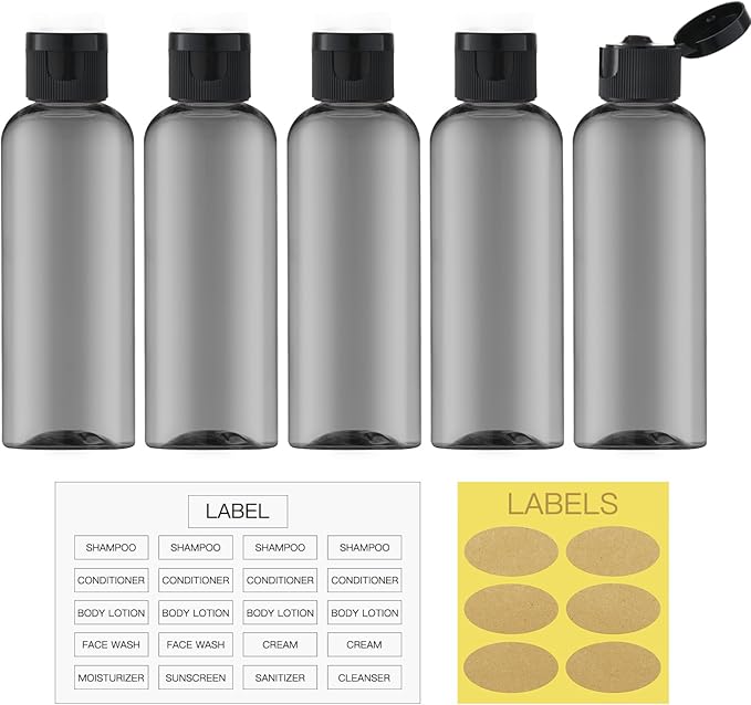 LISAPACK 3.4 oz Travel Bottles for Toiletries, Plastic Travel Size Containers for Shampoo Conditioner TSA Approved, Empty Small Squeeze for Lotion, Leak Proof Mini Liquid Tube for Refillable Black