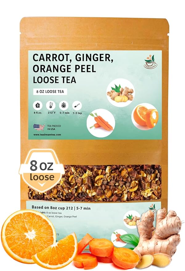 TeaDreamTea – Carrot Ginger Orange Peel - Loose Leaf Herbal Bulk Tea - Caffeine-Free - Vitamins Rich - Boost Immune System - Carrot Raw from USA - Hot and Iced Tea - 8 ounce / 227 g