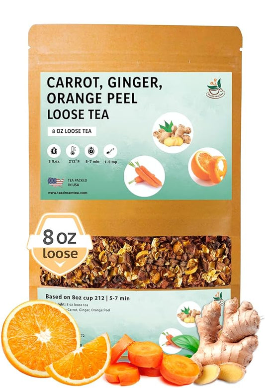 TeaDreamTea – Carrot Ginger Orange Peel - Loose Leaf Herbal Bulk Tea - Caffeine-Free - Vitamins Rich - Boost Immune System - Carrot Raw from USA - Hot and Iced Tea - 8 ounce / 227 g