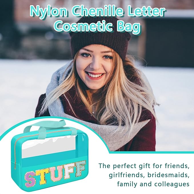 Chenille Letter Patch Stuff Bag, Preppy Clear Makeup Cosmetic Bag Large Toiletry Storage Tote Bag with Handle, Transparent Nylon Waterproof Organizer Zipper Pouch for Travel Women Girls(Green)