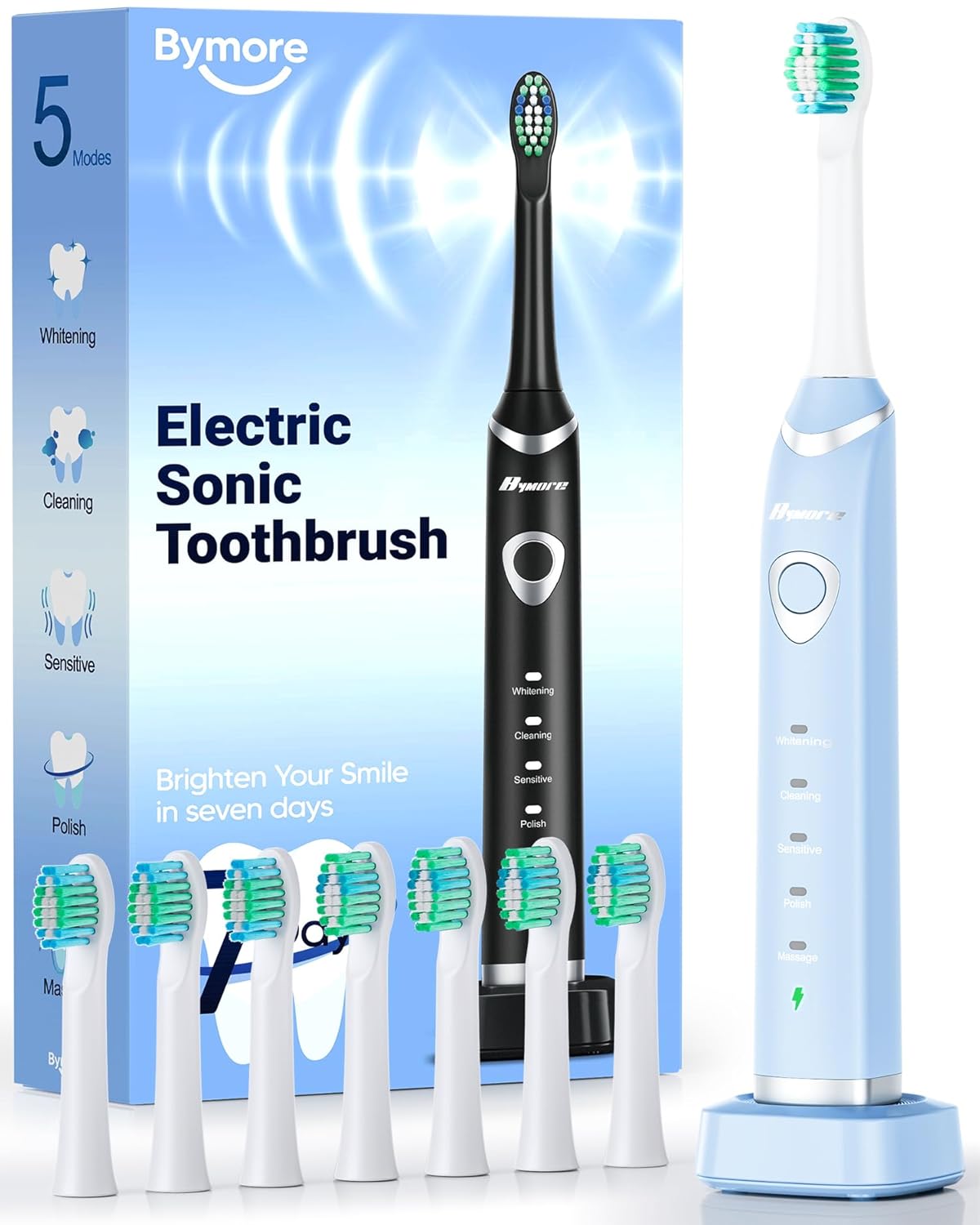 Bymore 8 Replacement Heads Electric Toothbrush for Adults, Ultra Clean Rechargeable Sonic Toothbrush Portable - Sky Blue
