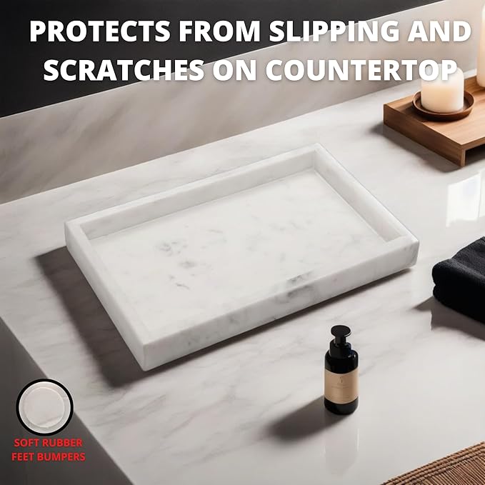 Natural White Marble Tray for Bathroom | Kitchen | Vanity | Desktop, Stone Organizer for Coffee Table, Dresser, Nightstand, Candles, Soap, Towel, Plant, Jewelry (10" x 6"), Rectangular