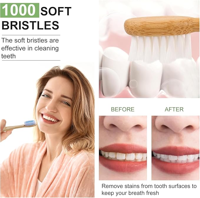 Bamboo Toothbrushes 10 Count - BPA Free Medium Bristles, Compostable Natural Wooden Toothbrushes, Without Plastic, Eco-Conscious Packaging for Adults (White and Blue, Moderate Length)