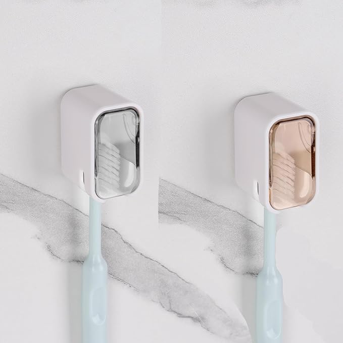 2 Pack Toothbrush Holders for Bathrooms Shower, Wall Mount Toothbrush Organizer with Cover, Self Adhesive Electric Toothbrush Storage, Quick Dry Toothbrush Hanger (Grey & Orange)