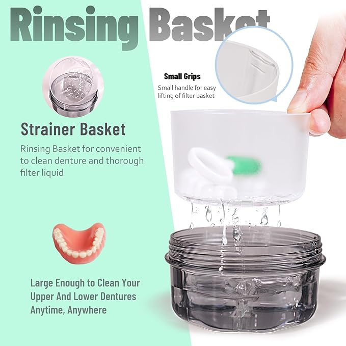 Leakproof Denture Case Denture Soaking Cup False Teeth Container, Dental Denture Bath Holder Storage Box Retainer Cleaner Case for Traveling - Leak Proof and Lid Waterproof - Transparent Black