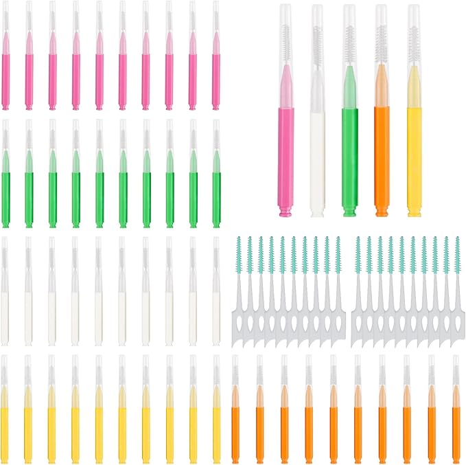 Soft Braces Brush Set, 70 PCS Interdental Brush, 50 PCS Tooth Picks Flossing Head for Oral Tooth Cleaning, with 20 PCS Disposable Toothpicks Braces Flossers with Box (Multiple Sizes)