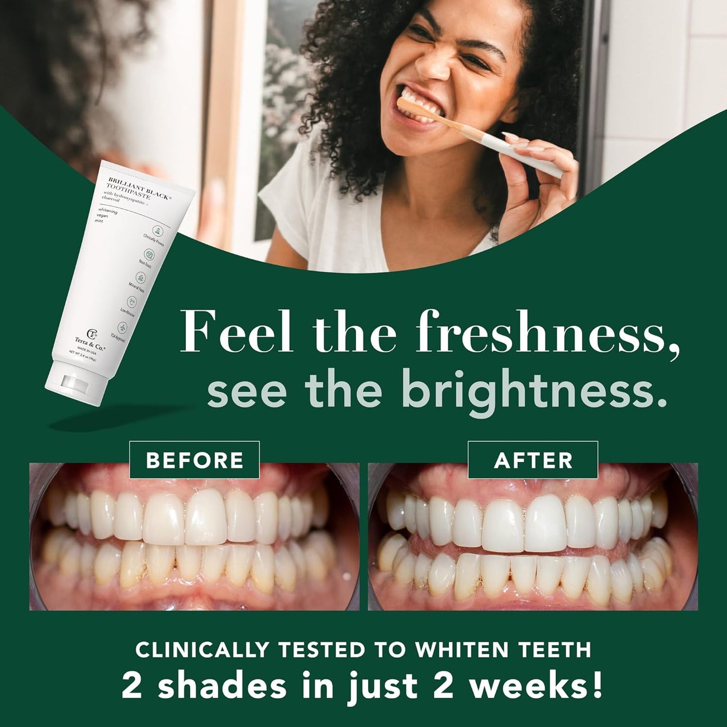 Terra & Co. Brilliant Black Hydroxyapatite Toothpaste for Whitening Teeth – USA-Made - Natural Remineralizing Toothpaste, Fluoride-Free, Vegan, SLS-Free, Low Abrasion – Mint, 3.4 oz