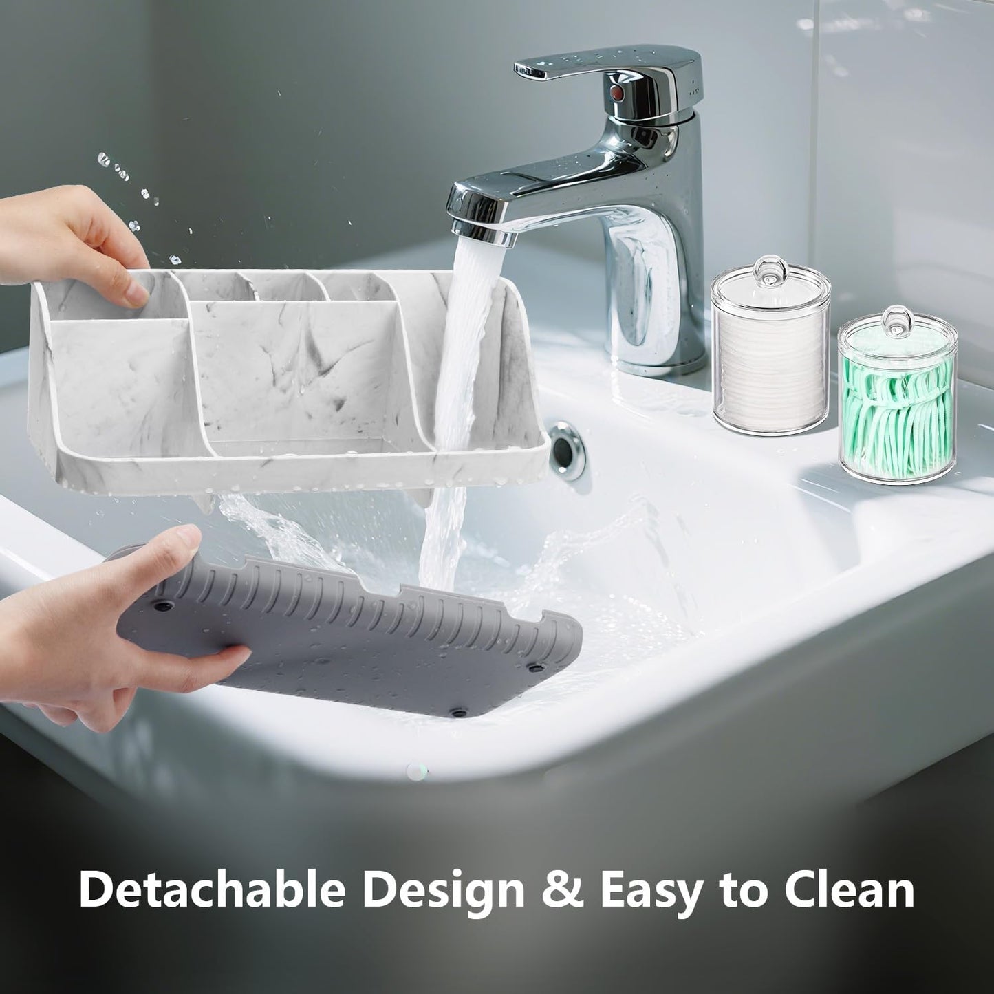 Bathroom Toothbrush Holder Set with 2 Pack Qtip Holder Dispenser - Detachable 7 Slots Bathroom Accessory Set, Kids Marble Bathroom Sink Counter Set, Bathroom Essentials Decor, Grey