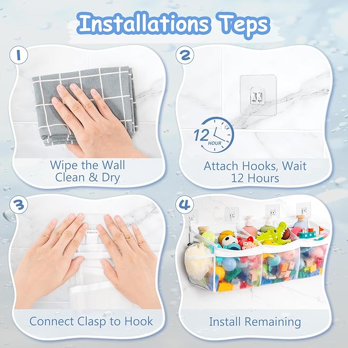 Criusia Extra Large Bath Toy Organizer with 3 Compartments and Multiple Pockets, Quick-Dry Mesh Bathtub Storage for Kids' Toys