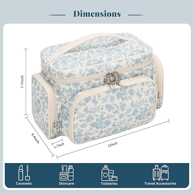 Large Cotton Makeup Bag, Quilted Floral Makeup Bag Organizer for Women Girls with Makeup Brush Compartment & Two Side Pockets, Cosmetic Travel Bag Vertical Storage- Blue Flower