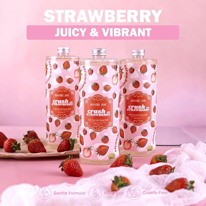 ROMIIE ZOI Strawberry Foaming Hand Soap Refill Set – 3 x 33.8 Fl Oz with Refillable Dispenser, Natural and Cruelty-Free Formula, Large Family Pack for Home, Bathroom, and Luxury Gifting