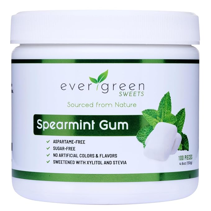 Evergreen Sweets Chewing gum -100 Pieces Jar - Natural Spearmint Gum Made with Xylitol and Stevia - Sugar-Free, Aspartame Free and Vegan