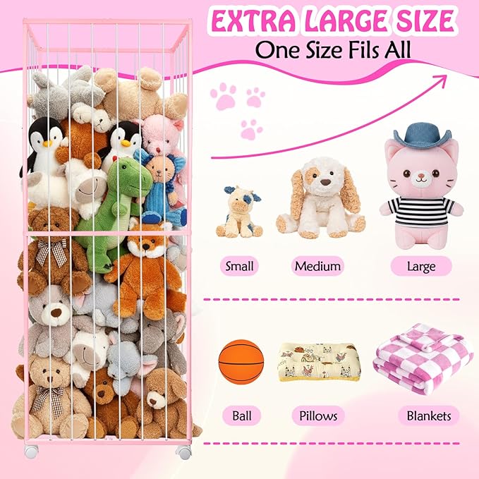 Stuffed Animal Storage, Metal Tube Extra Large Toy Storage Organizer with Brake Wheels, Stuffed Animal Holder Zoo Organizer for Nursery Playroom Kids Room Pink(61” x 23.6”x 16.5”)