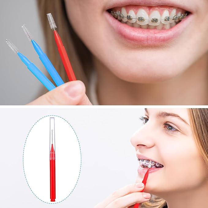 Patelai 100 Pieces Braces Brush for Cleaner Interdental Brush Toothpick Dental Tooth Flossing Head Oral Dental Hygiene Flosser Toothpick Cleaners Tooth Cleaning Tool (Blue, Red,Suitable Size)