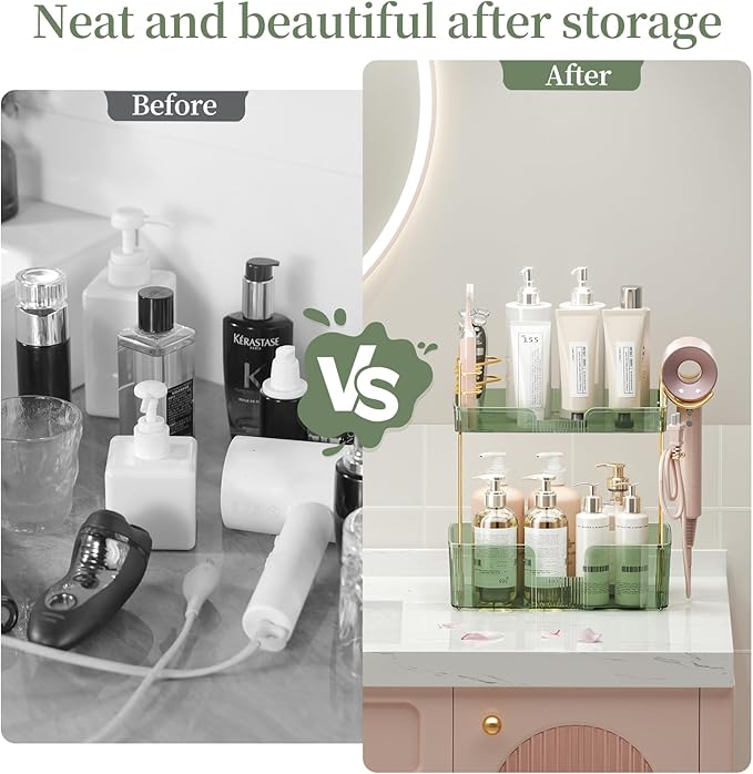 2 Tier Bathroom Counter Organizer with Hair Dryer Holder, Modern Style, Countertop Mount, 2 Shelves, Green