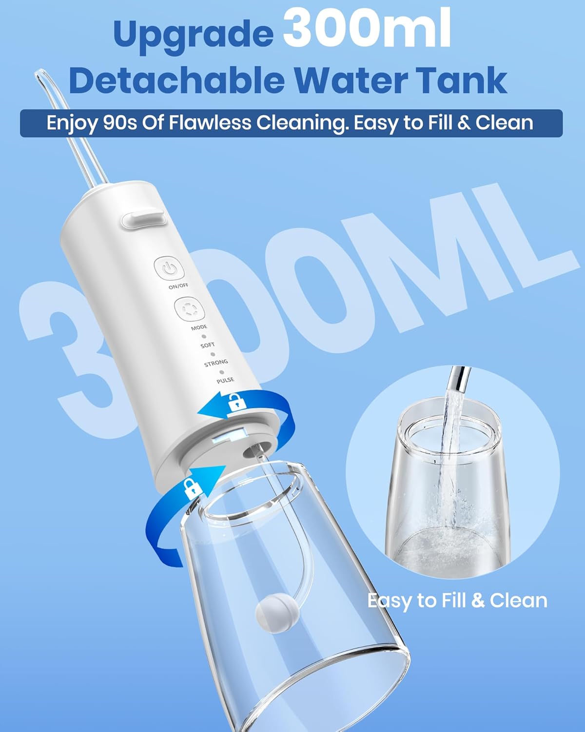 Water Flosser, 300ML Portable Cordless Water Dental Flossers for Teeth Deep Cleaning, IPX7 Waterproof Rechargeable Electric Oral Irrigator Teeth Pick for Travel Home Use and Braces Care (White)