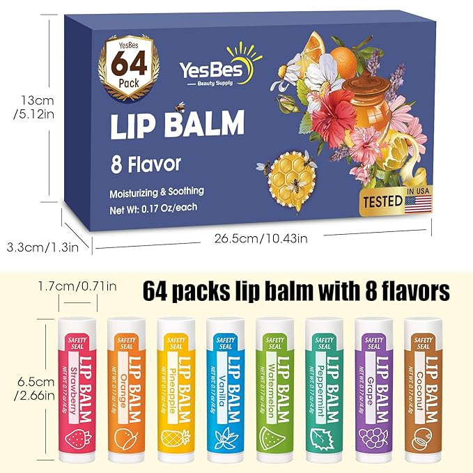 64 Pack Lip Balm, Natural Lip Balm Bulk with Vitamin E and Coconut Oil, Moisturizing Lip Balms for Dry Cracked Lips, Lip Balms for Stocking Stuffers - 8 Flavors